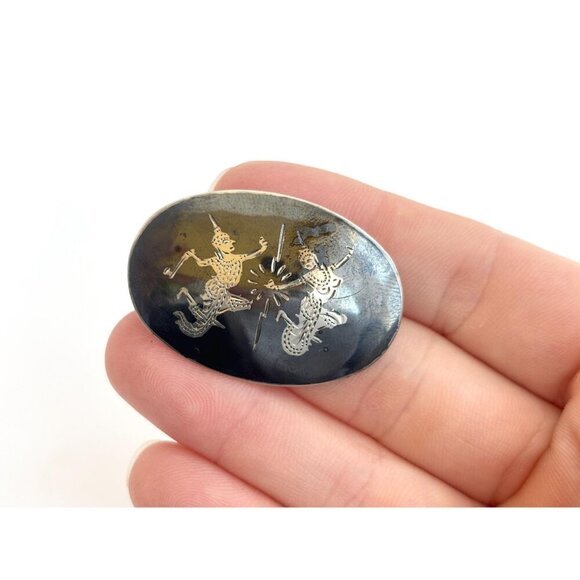 Ramasoon & Mekkala Siam Sterling Silver Vintage Thai Made Nielloware Brooch - Picture 10 of 10